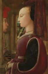 Retrato de una mujer con un hombre en una ventana