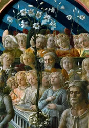 La coronación de la Virgen. Detalle de los ángeles cantores que sostienen flores de lirio. La figura de abajo a la derecha es san Juan Bautista, patrón de Florencia. Pintura (1457-1504)