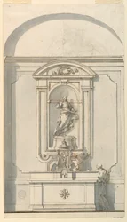 Dibujo, Altar con tabernáculo y dos sacerdotes conversando, 1750-75