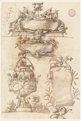 Dibujo, Dos escudos, jarrón decorativo y una voluta, 1750-75