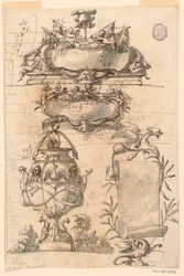 Dibujo, Dos escudos, jarrón decorativo y una voluta, 1750-75