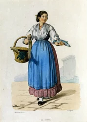 Pequeño negocio del Reino de Nápoles: joven sirviente napolitano regresando del mercado. Grabado después de una pintura de F. Palizza. De una obra de Francesco de Bourcard “Costumi del regno di Napoli”