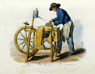 Pequeño negocio de la ciudad de Nápoles: un afilador de cuchillos. Grabado de una pintura de F. Palizza. De una obra de Francesco de Bourcard “Costumi del regno di Napoli”