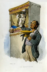Pequeño negocio de la ciudad de Nápoles: el titiritero. Grabado después de una pintura de F. Palizza. De una obra de Francesco de Bourcard “Costumi del regno di Napoli”