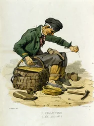 Pequeño negocio de la ciudad de Nápoles: el zapatero. Grabado de una pintura de F. Palizza. De una obra de Francesco de Bourcard “Costumi del regno di Napoli”