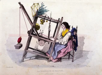 Pequeño negocio del reino de Nápoles: joven de Sorrento tejiendo cintas. Grabado después de una pintura de F. Palizza. De una obra de Francesco de Bourcard "Costumi del regno di Napoli"