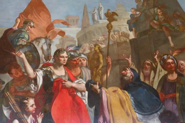 César bajo los muros de Alejandría, de Felice Manassero, cartón para tapiz, antesala, apartamento este, residencia de caza, de Filippo Juvarra (1678-1736), Stupinigi, Piamonte, Italia.
