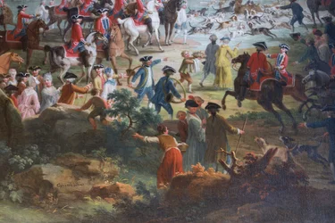 Caza del ciervo (Caccia al cervo), de Vittorio Amedeo Cignaroli (1730-1800), óleo sobre lienzo, salón de los escuderos, Residencia de caza, de Filippo Juvarra (1678-1736), Stupinigi, Piamonte, Italia