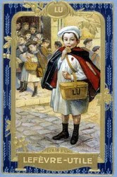 Publicidad de la galleta "Lefèvre-Useful: Lu" (el colegial). sd. Cromolitografía siglo XIX basada en el dibujo original de Firmin Bouisset.