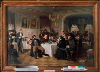 Banquete fúnebre del comerciante - Pintura de Firs Sergeevich Zhuraviev (1836-1901), óleo sobre lienzo, alrededor de 1870, arte ruso del siglo XIX - Galería Estatal Tretyakov, Moscú