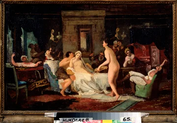 Víspera de la fiesta de bodas en un baño - Pintura de Firs Sergeevich Zhuraviev (1836-1901), óleo sobre lienzo 1885, arte ruso
