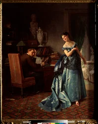 Una dama de la moda, preparación para un baile - Pintura de Firs Sergeevich Zhuraviev (1836-1901), óleo sobre lienzo
