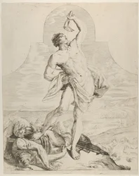 Sansón sosteniendo la quijada de un asno sobre su cabeza y de pie junto a los filisteos, ca. 1640-60