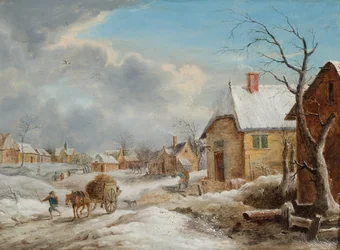 Un pueblo en invierno con un caballo tirando de un carro cargado de leña