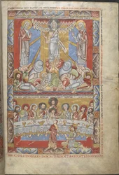 Agregar. 17738, f.4 Miniatura de página completa en dos registros, de la Transfiguración de Cristo y la Última Cena, ilustraciones de 