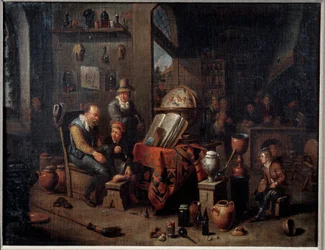 Un boticario El farmacéutico en su laboratorio ayuda a sus aprendices y rodea sus instrumentos, frascos, mapa, alambique. Al fondo, el mostrador de la tienda. Pintura de la Escuela Flamenca. Siglo XVI Metz, Museo de Bellas Artes