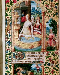 Betsabé en el baño es espiada por el Rey David. Página de la escuela flamenca de principios del siglo XVI