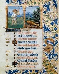 Calendario, junio, un campesino segando y el signo de cáncer. Página tomada de un libro de horas ms. 47, iluminado por la escuela flamenca. Siglo XVI Badia de 