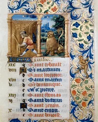 Calendario, el mes de julio, un campesino en un campo de trigo y el signo del león. Página tomada de un libro de horas ms. 47, iluminado por la escuela flamenca. Siglo XVI Badia de 