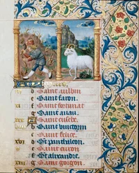 Calendario, el mes de marzo, un campesino sembrando y el carnero. Página tomada de un libro de horas ms. 47, iluminado por la escuela flamenca. Siglo XVI Badia de 