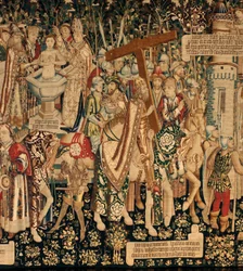 Catedral (La Seo. Catedral del Salvador de Zaragoza). El museo de tapices. Tapiz flamenco. La leyenda de la Santa Cruz (La leyenda de la Santa Cruz, de leyenda de la Santa Cruz). Detalle. Aprox. 1450. 430x1120cm.