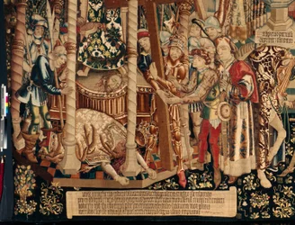 Catedral (La Seo. Catedral del Salvador de Zaragoza). El museo de tapices. Tapiz flamenco. La leyenda de la Santa Cruz (La leyenda de la Santa Cruz, de leyenda de la Santa Cruz). Detalle. Aprox. 1450. 430x1120cm.