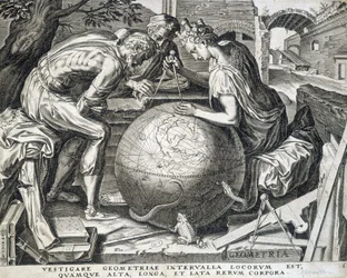 Personajes inclinados sobre el globo con compás (alegoría de la geometría) - grabado, Flandes