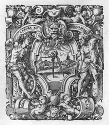 Marca de impresión de Christophe Plantin, ilustración de Obras de Tácito, 1607