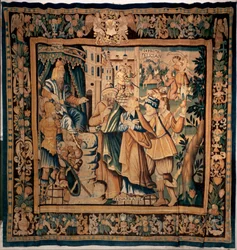 Tesoro del museo de Conques (Le Trésor de Conques). Tapiz flamenco. Historia de Sainte Foy (?). Textos: DASIAN, S+PRIME, S+eVAPRAISE. siglo 16 (?).