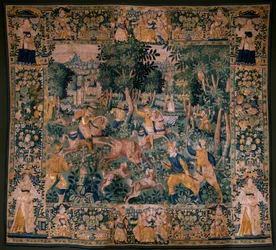Tapiz flamenco. Caza de ciervos (Caza de un ciervo). Taller de Oudenaarde. 295x331cm. Inv (82941)-1 / PRIVADO. siglo 17.