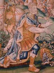 Tapiz flamenco. Alejandro ante Iaddo el sumo sacerdote (Alejandro ante el Sumo Sacerdote Iaddo). Taller de Oudenaarde. 374x447cm. Inv(830-B)4 00010. Siglo XVII.