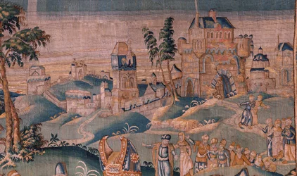 Tapiz flamenco. Alejandro ante Iaddo el sumo sacerdote (Alejandro ante el Sumo Sacerdote Iaddo). Taller de Oudenaarde. 374x447cm. Inv(830-B)4 00010. Siglo XVII.