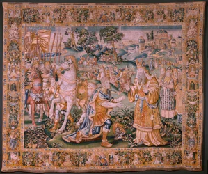 Tapiz flamenco. Alejandro ante Iaddo el sumo sacerdote (Alejandro ante el Sumo Sacerdote Iaddo). Taller de Oudenaarde. 374x447cm. Inv(830-B)4 00010. Siglo XVII.