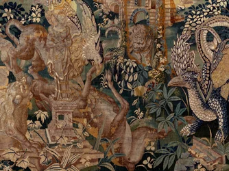 Tapiz flamenco. Paisaje con pérgola y grandes bestias, con 2 columnas. Taller de Oudenaarde. 319x508cm. Inv 0023. Siglo XVII.