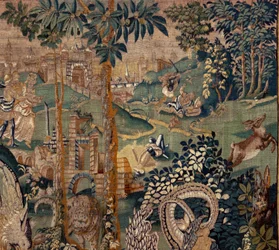 Tapiz flamenco. Paisaje con pérgola y grandes bestias, con 2 columnas. Taller de Oudenaarde. 319x508cm. Inv 0023. Siglo XVII.