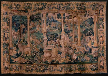 Tapiz flamenco. Paisaje con pérgola y animales grandes. Versión con amplia pérgola. Taller de Oudenaarde. 340x498cm. Inv 00023. Siglo XVII.