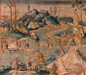 Tapiz flamenco. Campamento militar cerca del río Granikos. Taller de Oudenaarde. 377x393cm. Inv 83104-9/00011. siglo 17.
