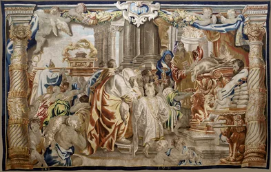 Tapiz flamenco. Serie Apoteosis de la Eucaristía. Sacrificio de la Ley Mosaica (Sacrificio de la Ley Mosaica). Modelo Cartoon copiado de un original de Rubens. Fabricación de Bruselas. Fabricado por Frans van den Hecke. Mediados del siglo XVII. Tela Seda y