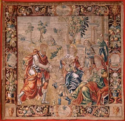 Tapiz flamenco. Serie Esaú y Jacob. Jacob reuniendo a sus esposas antes de huir a Canaán (Jacob reuniendo a sus esposas antes de huir a la tierra de Canaán). Primer tapiz de la serie. Manufactura Holanda, segunda mitad del siglo XVI. Tela
