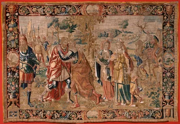 Tapiz flamenco. Serie Esaú y . Encuentro entre Jacob y Esaú (Encuentro entre Jacob y Esaú). Tercer tapiz de la serie. Manufactura Holanda, segunda mitad del siglo XVI. Lana de tela. Ubicación Iglesia de San Nicolás de Bari (museo inaugurado