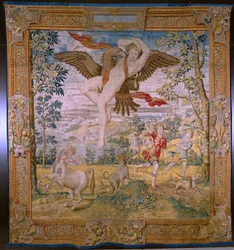 Tapiz flamenco. Serie Fábula de Ovidio: El robo de Ganímedes. Atelier Willem de Pannemaker, Bruselas. Antes de 1556.