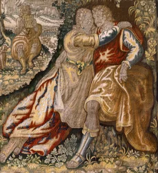 Tapiz flamenco. Serie Gallardía (Galante). Pareja con músico (Pareja con músico). Manufactura Bruselas, principios del siglo XVII. Tejido Seda y lana, 5/6 urdimbres por cm. Tamaño 348 x 263 cm. Ubicación Iglesia de San Millán de la Cogolla, Oncala (Soria).