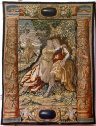 Tapiz flamenco. Serie Gallardía (Galante). Pareja con músico (Pareja con músico). Manufactura Bruselas, principios del siglo XVII. Tejido Seda y lana, 5/6 urdimbres por cm. Tamaño 348 x 263 cm. Ubicación Iglesia de San Millán de la Cogolla, Oncala (Soria).