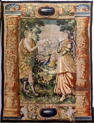 Tapiz flamenco. Serie Gallardía (Galante). Escena galante (Escena galante). Manufactura Bruselas, principios del siglo XVII. Tejido Seda y lana, 5/6 urdimbres por cm. Tamaño 348 x 263 cm. Ubicación Iglesia de San Millán de la Cogolla, Oncala (Soria). Orige