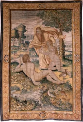 Tapiz flamenco. Serie Génesis o El Hombre de la Creación. Dios crea a la Mujer y se la presenta a Adán (Dios crea a la mujer y la presenta a Adán). Modelo basado en Michiel Coxcie. Fabricación Jan Aerst en Bruselas. Ca 1630. Tejido Seda y lana.