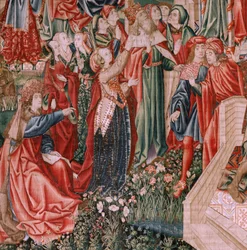 Tapiz flamenco. Serie Redención Humana o Vicios y Virtudes. Cristo Salvador como Niño (Cristo Salvador como Niño). Quinto tapiz de la serie (segundo de los conservados en Palencia). Fabricación de Bruselas, taller. Ca. 1510. Medidas 425 x 800 cm. Tela