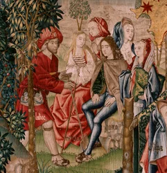 Tapiz flamenco. Serie Redención Humana o Vicios y Virtudes. Los vicios llevan al Hombre al pecado (Los Vicios conducen al Hombre al pecado). Segundo tapiz de la serie (primero de los conservados en Palencia. Fabricación bruselense, taller. Ca. 1510. Medida