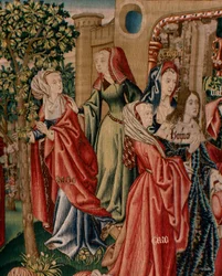 Tapiz flamenco. Serie Redención Humana o Vicios y Virtudes. Los vicios llevan al Hombre al pecado (Los Vicios conducen al Hombre al pecado). Segundo tapiz de la serie (primero de los conservados en Palencia. Fabricación bruselense, taller. Ca. 1510. Medida