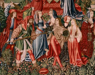 Tapiz flamenco. Serie Redención Humana o Vicios y Virtudes. Los vicios llevan al Hombre al pecado (Los Vicios conducen al Hombre al pecado). Segundo tapiz de la serie (primero de los conservados en Palencia. Fabricación bruselense, taller. Ca. 1510. Medida