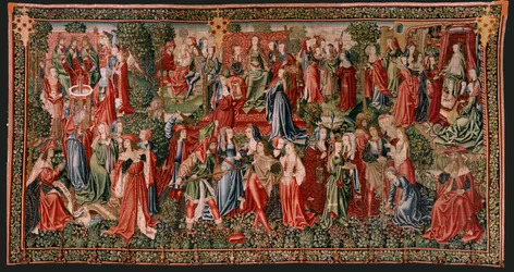 Tapiz flamenco. Serie Redención Humana o Vicios y Virtudes. Los vicios llevan al Hombre al pecado (Los Vicios conducen al Hombre al pecado). Segundo tapiz de la serie (primero de los conservados en Palencia. Fabricación bruselense, taller. Ca. 1510. Medida